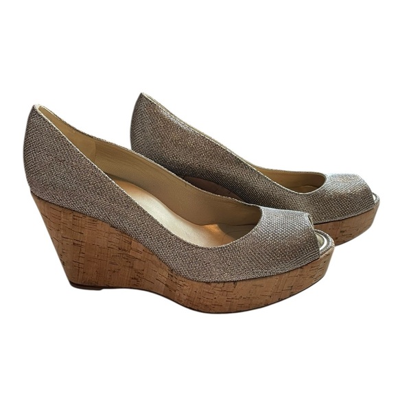 Stuart Weitzman Cork Wedge Peep Toe Glitter Heels 7.5 - Picture 1 of 13